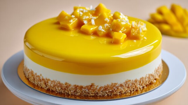 Fresh mango mousse cake with smooth glossy mirror glaze on a soft light yellow background, topped with fresh ripe mango pieces, showcasing a refreshing tropical dessert with elegant modern bakery pres