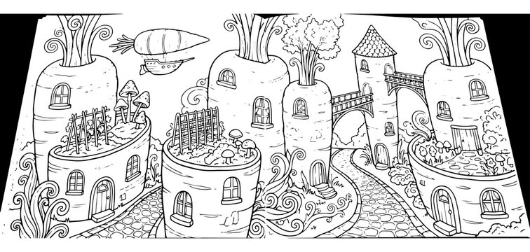 Fantasy carrot village coloring page with vegetable houses, carrot-shaped airship, bridges, and garden plots on rooftops for kids to color in