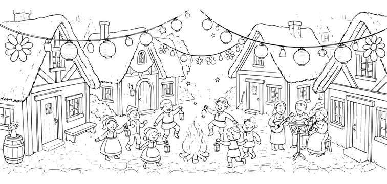 Festive black and white line of a village square with people dancing around a campfire under hanging lanterns and decorative lights