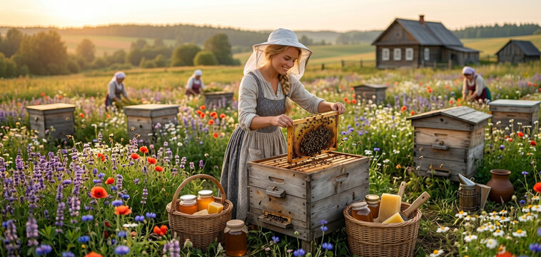 Family honey harvest work, mother and daughter beekeeping, organic honey production work, rural family outdoor farming, happy honey harvest scene, child learning beekeeping skills, family healthy hone