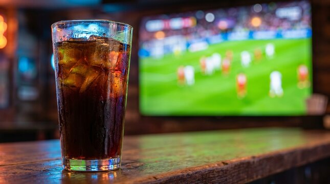 Refreshing glass of cold brew iced coffee with heavy condensation on a wooden bar counter. Blurred live football soccer match broadcast on a TV screen in the background