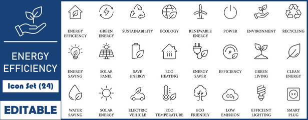 Energy efficiency, green energy, and sustainability icon set.  ecology, renewable energy,solar panel, power, environment and more. line icons vector collection. © MdMehedi