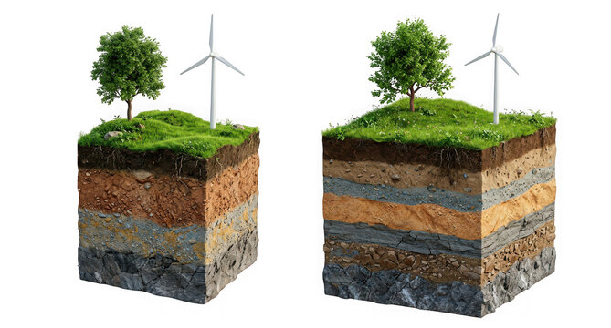 Cross section of soil layers with green grass, a tree and a wind turbine isolated on transparent background