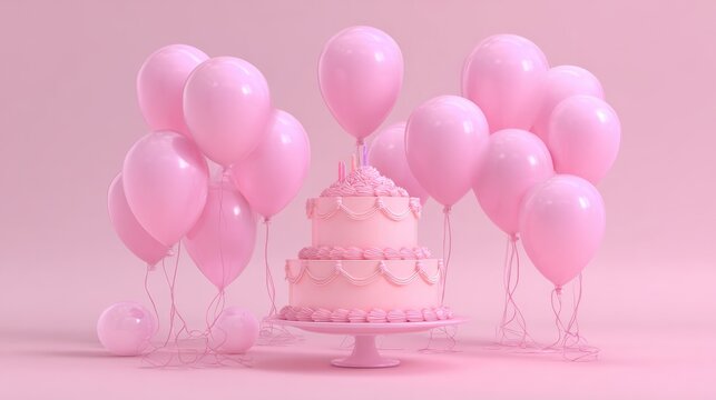 Monochrome pink birthday celebration scene with elegant cake and balloons on solid background, minimal festive party concept, stylish 3d illustration featuring sweet dessert and decorative balloon arr
