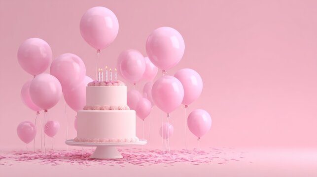 Monochrome pink birthday celebration scene with elegant cake and balloons on solid background, minimal festive party concept, stylish 3d illustration featuring sweet dessert and decorative balloon arr