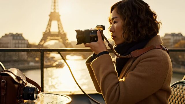 Young woman photographer uses camera near Eiffel Tower in Paris. Female tourist takes pictures at sunset. Woman holds camera on balcony. Photographer enjoys Paris view. Tourist sits by river.