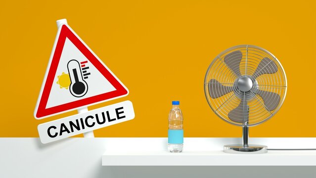 Panneau d'alerte canicule avec bouteilles d'eau et ventilateur sur fond jaune - rendu 3D