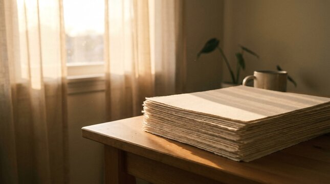 A stack of index cards on a wooden table beside a sunny window with curtains and a plant in the background.