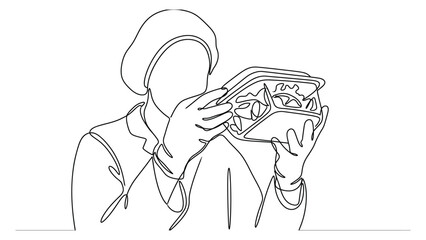 Naklejka premium Continuous line drawing of a person eating.