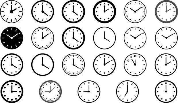 Analog clock face icon collection showing different times, markers, borders, and monochrome design variations in grid arrangement