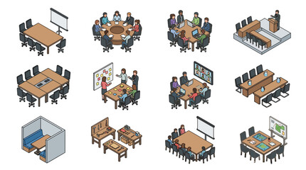 Fototapeta premium Isometric Meeting Room Icons Set - Business Conference, Office Collaboration, Teamwork