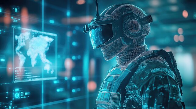 Futuristic soldier in augmented reality environment utilizing digital map and data streams for