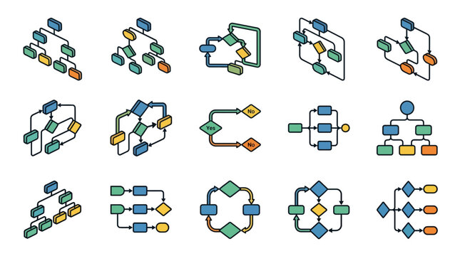 Isometric Flowchart Icons Set: Business Process Diagrams and Organization Charts