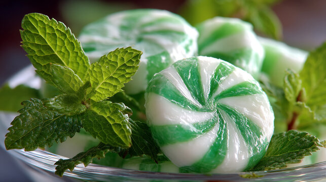 Green peppermint candy sweets garnished with fresh mint leaves in glass bowl hard candy aromatic