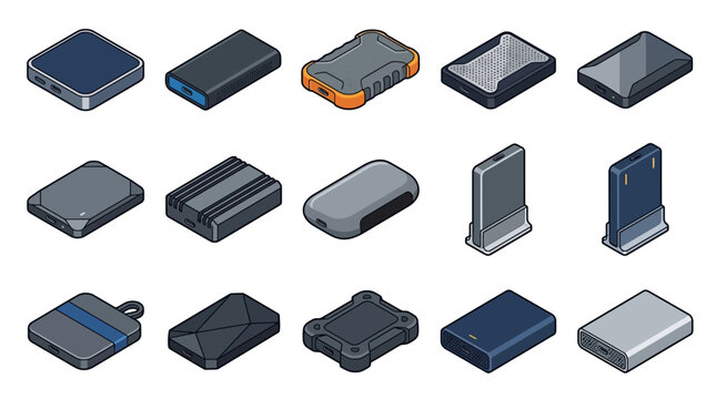 Isometric Hard Drive Icons Set - External Storage Devices Collection