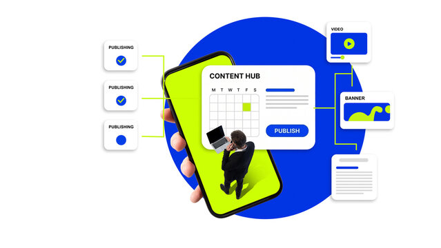 Content hub dashboard on smartphone with publishing calendar and banners. Concept of content marketing, marketing automation, social media planning and brand management
