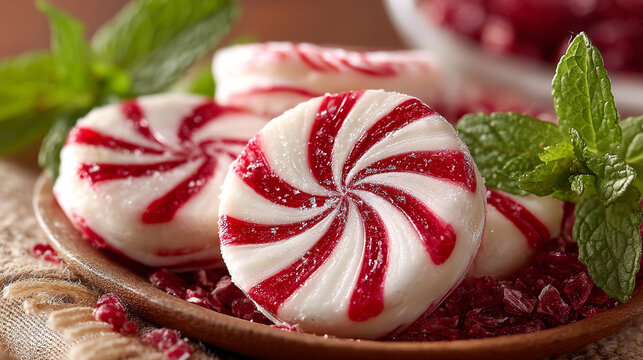 Red peppermint candy swirls garnished with fresh mint leaves and sugar crystals, hard candy