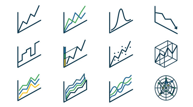 Isometric Data Charts Icons Set: Growth, Decline, Statistics, Analytics