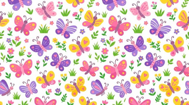 Colorful Cartoon Butterflies and Flowers Seamless Pattern Background