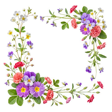 Vibrant spring floral frame featuring realistic pansies, primroses, carnations, and lush green leaves.
