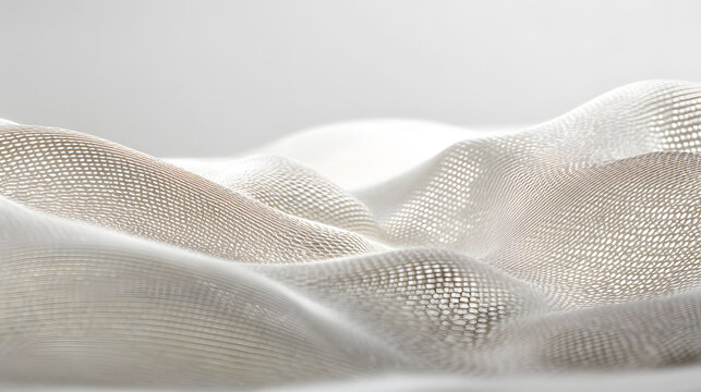 Serene white abstract dotted mesh and grid form a gentle wave-like surface.