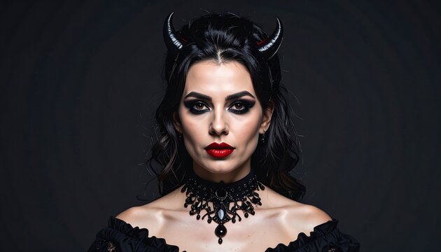 Woman with devil horns and heavy makeup poses against a dark background, looking directly at the viewer