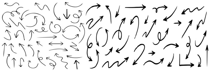 Hand drawn arrow vector set. Hand drawn sketch  texture brush stroke organic line arrow. Doodle crayon pencil direction element on blackboard background. Vector illustration  © SumaiyaSiddika