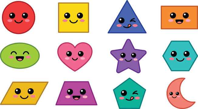 Cute kawaii geometric shapes collection with smiling cartoon circle, triangle and star characters, colorful educational vector set isolated on white background