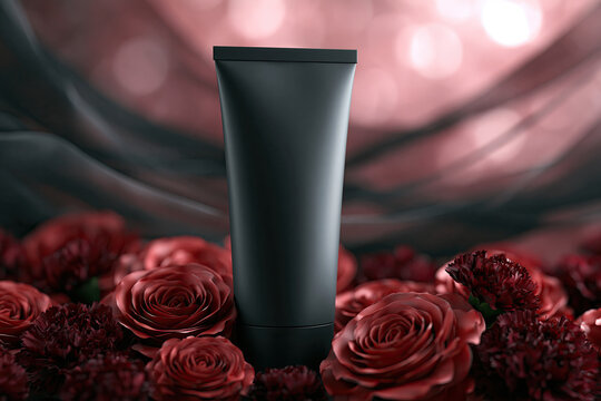 Matte Black Cosmetic Tube with Red Roses