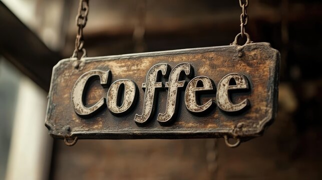 Rustic charm: A vintage coffee sign with aged textures and evocative lettering inviting customers