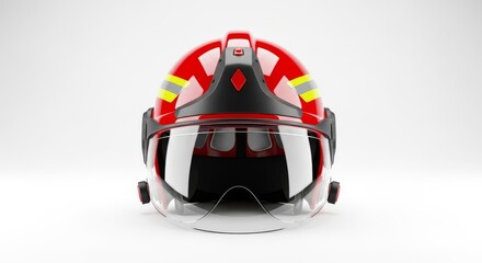 Fototapeta premium Red emergency rescue helmet featuring a protective clear shield and reflective stickers, showcased as a front view on a white background, responder, durable, aid
