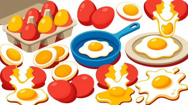 Collection of Egg Illustrations: Whole Eggs, Cracked Eggs, Fried Eggs in Pan and on Plate, Hard Boiled Slices, Isometric Flat Design