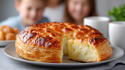 Family serving galette des rois with a slice removed on a table for epiphany celebration and holiday food blog background showing sharing and togetherness