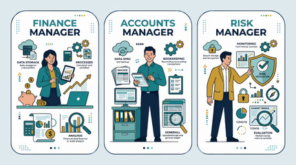 Fototapeta premium Flat Design Illustration Set: Finance, Accounts, and Risk Managers with Icons Representing Data Storage, Processes, Bookkeeping, and Market Trends