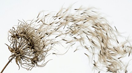 Fototapeta premium Abstract close up of dried flower seeds blowing in the wind on a white background, showing botanical textures and organic movement