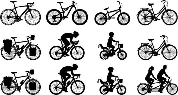 Black Silhouettes of Bicycles and Cyclists Showing Road, Mountain, BMX, City, Touring, and Tandem Bike Styles
