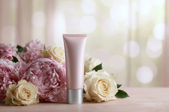 Pink Cosmetic Tube with Roses and Peonies
