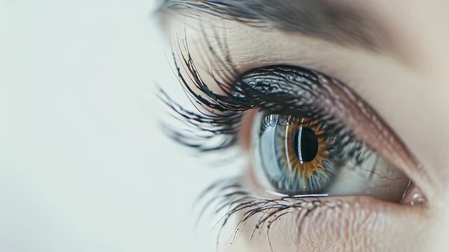 Detailed macro photograph showcasing a person's eye, emphasizing the long, dark eyelashes and intricate eye color. The soft focus background draws all attention to the sharp features of the face.