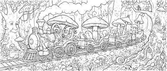 Obraz premium A whimsical black and white line of a magical mushroom steam train traveling through an enchanted forest with woodland animals