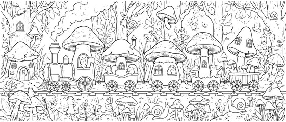 Obraz premium A whimsical black and white line of a magical mushroom steam train traveling through an enchanted forest filled with plants