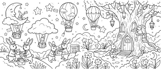 Fototapeta premium A whimsical black and white line of rabbits in hot air balloons and a tree house delivering letters in a magical forest
