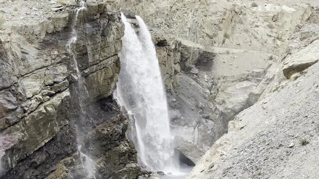 Sissu Falls in the Chandra valley observed from Leh - Manali highway, Himalayas, Jammu and Kashmir, Northern India.