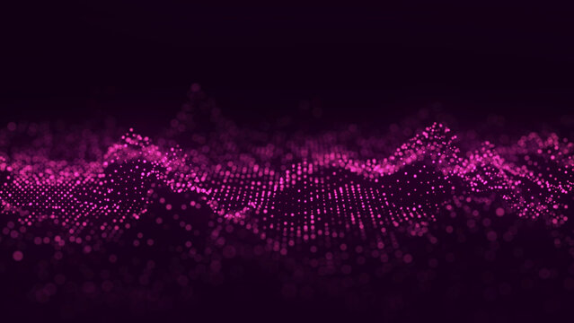 Abstract pink particle wave on dark purple background. Glowing dotted surface forms a flowing digital landscape with soft bokeh depth, futuristic technology and data visualization concept.