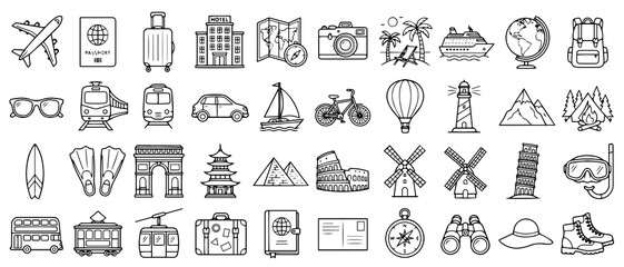 Set of travel and vacation including airplanes, passports, landmarks, transport, and outdoor gear in a clean black and white line style © shahin11