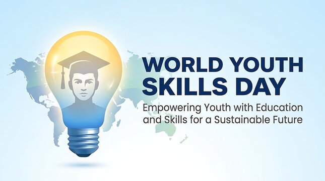 Illustration of world youth skills day with graduate in light bulb and global map background