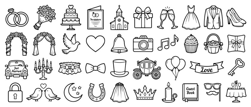 Set of wedding celebration line for coloring book pages featuring rings, bouquet, cake, church, gift, dress, suit, and shoes on white background