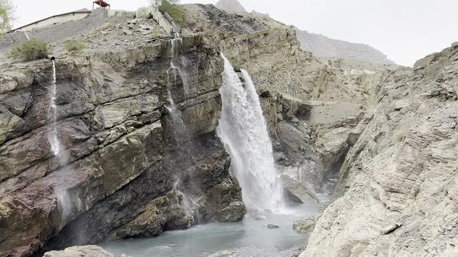 Sissu Falls in the Chandra valley observed from Leh - Manali highway, Himalayas, Jammu and Kashmir, Northern India.
