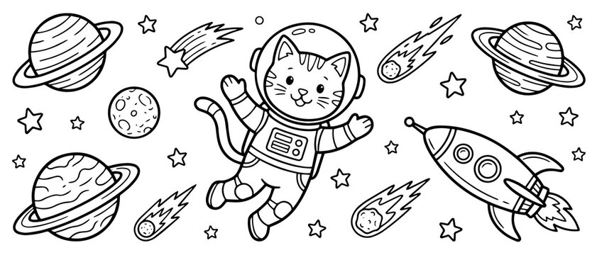 Adorable cat astronaut floating in outer space with planets, comets, and stars, black and white line coloring page for children and adults