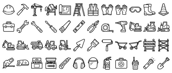 Naklejka premium Construction site equipment and tools including safety gear, heavy machinery, building and hardware on a white background