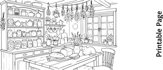 Fototapeta premium Detailed coloring page featuring a rustic farmhouse kitchen interior with shelves of jars, hanging dried herbs, a loaf of bread, and a resting cat